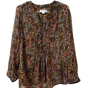 Christopher & Banks Petite Women Size P/L Paisley Button Down Blouse V Neck City